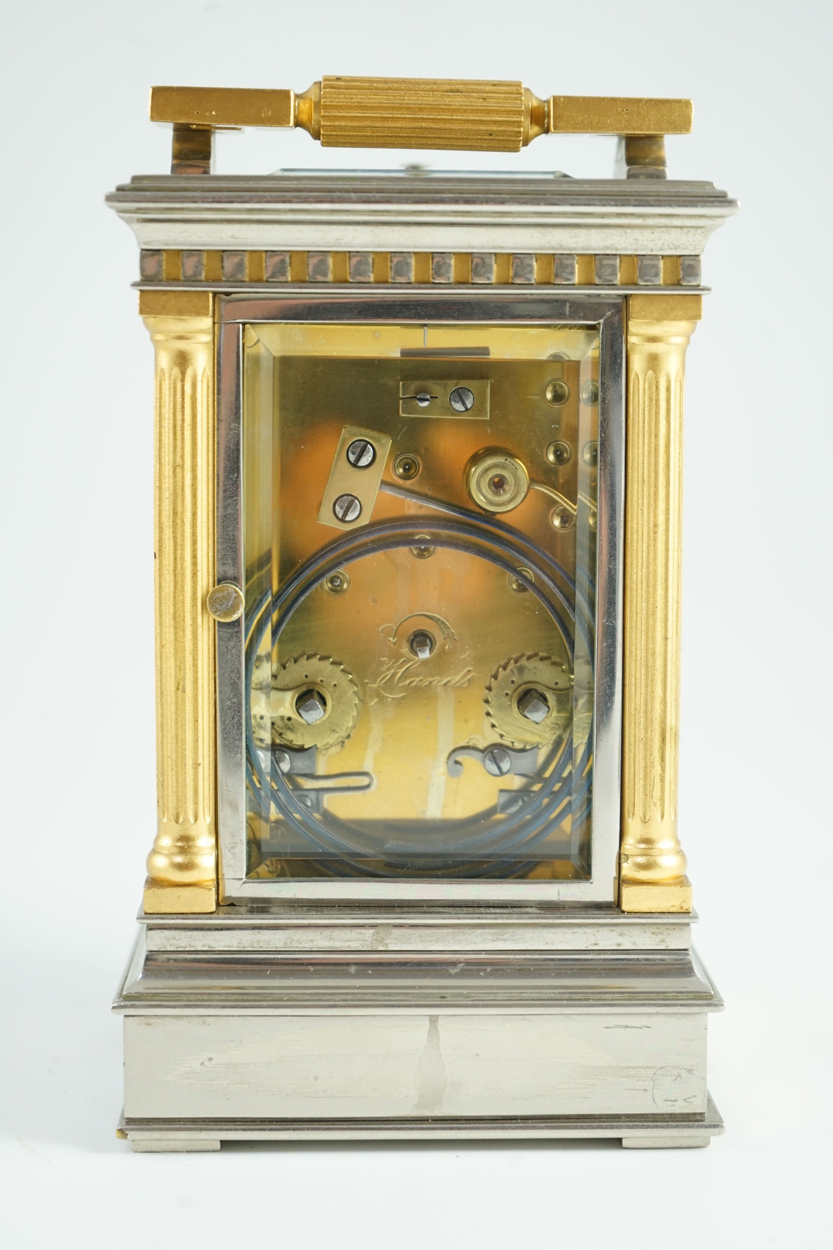 A late 19th century French hour repeating silvered and gilt brass carriage clock, width 10cm, depth 9cm, height 17.5cm